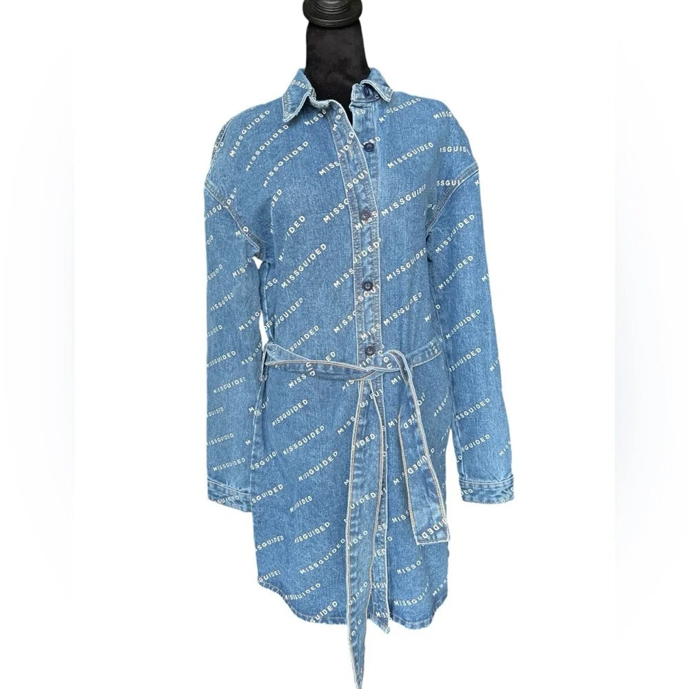 Missguided All-Over Logo Denim Shirt Dress with Belt Long Sleeve Size 6